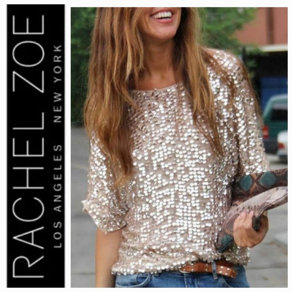 Rachel Zoe Sequin Flutter Sleeve Fitted Shirt - XS (Champagne)